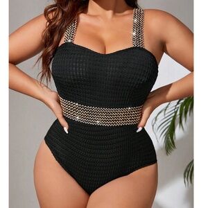 Plus Color Block Textured Removable Padding Monokini One piece Swimsuit